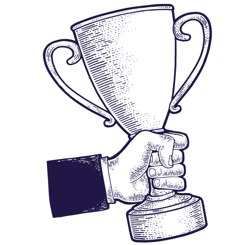 Illustration d'une main tenant un trophée, symbole de victoire ou de récompense